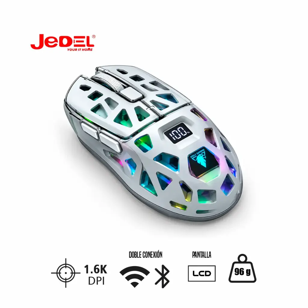 Mouse inalámbrico WD154 6D BT + 2.4GHz recargable con luz transparente y pantalla LCD