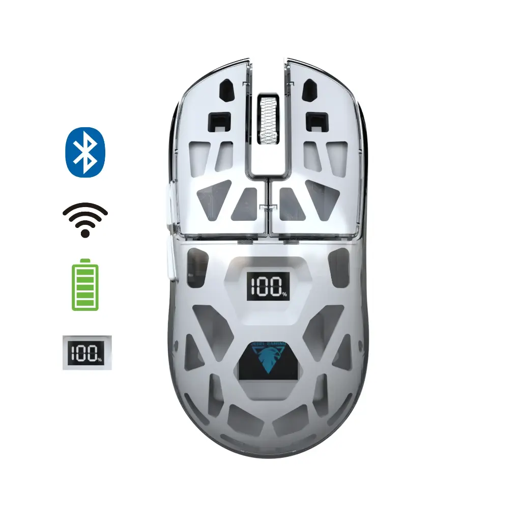 Mouse inalámbrico WD154 6D BT + 2.4GHz recargable con luz transparente y pantalla LCD